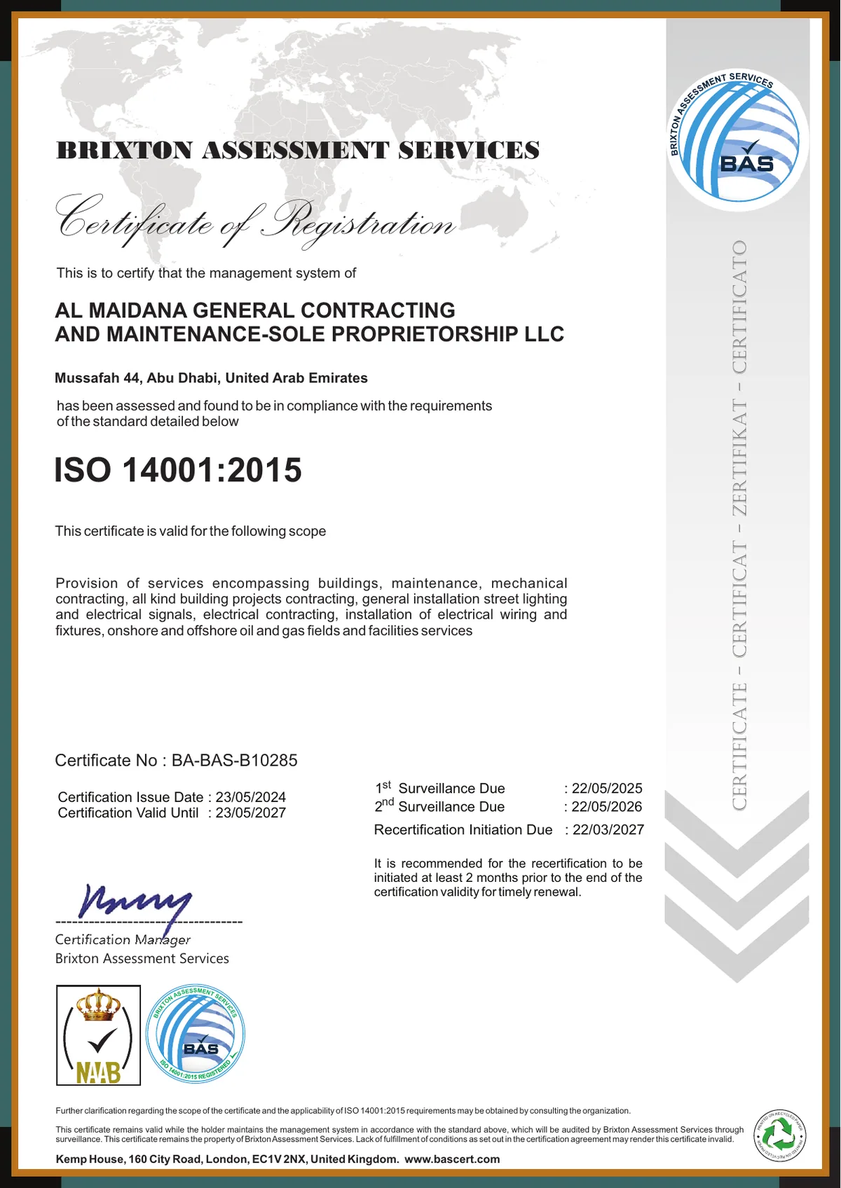 Certificate ISO 14001:2015